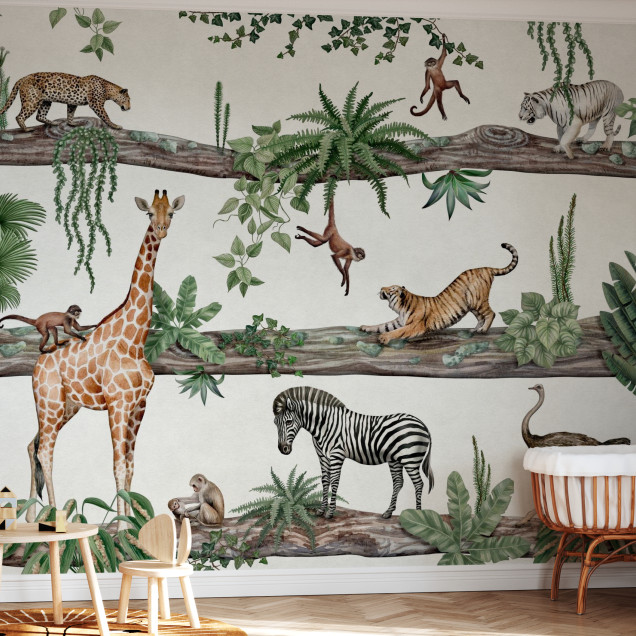 Fototapet cu animale sălbatice într-un decor de junglă