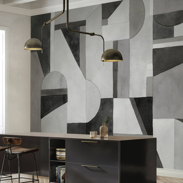 Fototapet cu ilustrație geometrică alb-negru într-un living modern