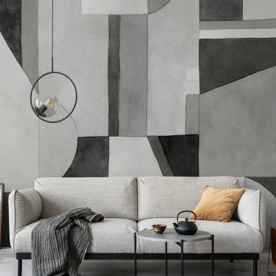 Fototapet cu ilustrație geometrică alb-negru într-un living modern