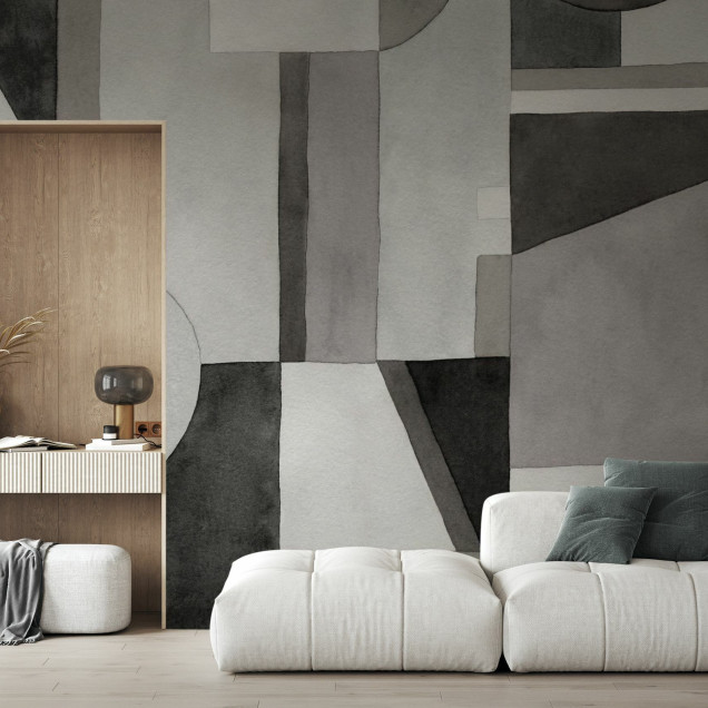 Fototapet cu ilustrație geometrică alb-negru într-un living modern