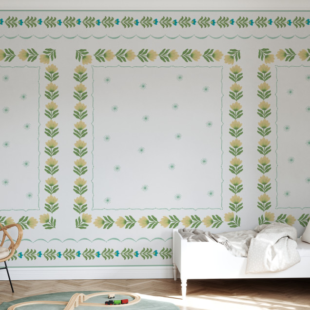 Fototapet cu design floral delicat în tonuri de alb și verde