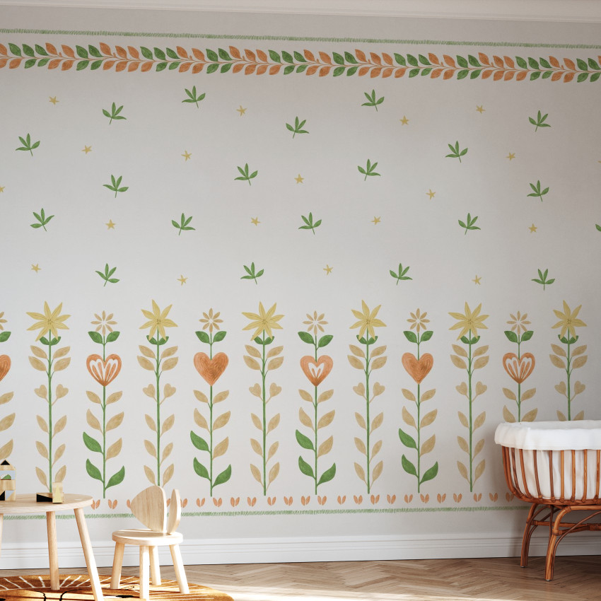 Tapet cu model floral și frunze pe fundal alb, ideal pentru decorarea camerei copiilor