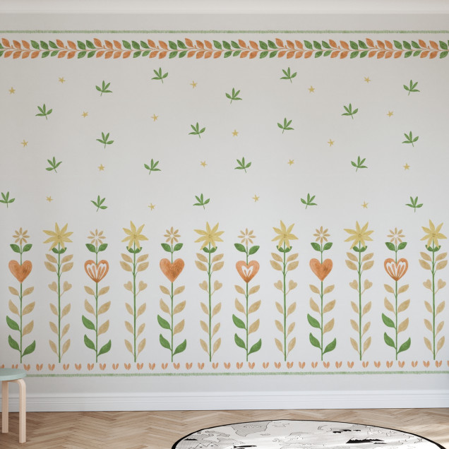 Fototapet cu model floral, frunze și inimioare stilizate