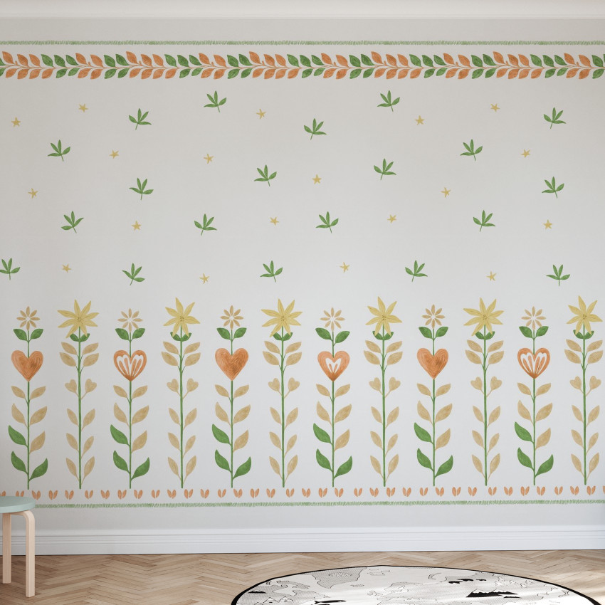 Tapet cu model floral și frunze pe fundal alb, ideal pentru decorarea camerei copiilor