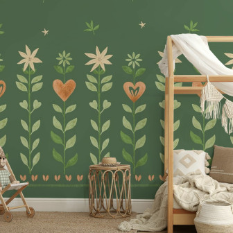 Fototapet cu design floral și frunze verzi într-o cameră amenajată.