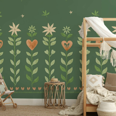 Fototapet cu design floral și frunze verzi într-o cameră amenajată.