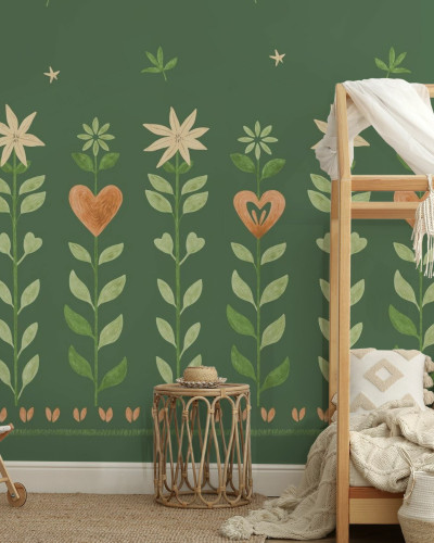 Fototapet cu design floral și frunze verzi într-o cameră amenajată.