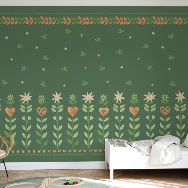 Fototapet cu design floral și frunze verzi într-o cameră amenajată.