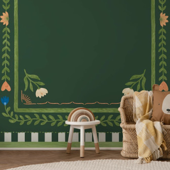 Fototapet cu ramă florală verde într-o cameră decorată