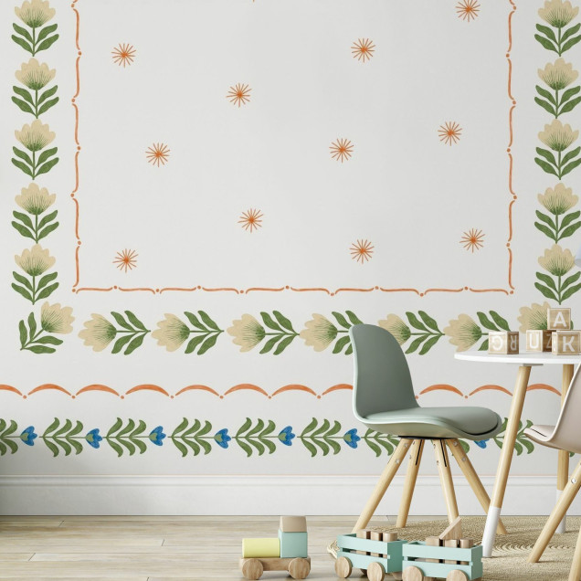 Fototapet cu design floral alb și verde, ideal pentru camera copilului