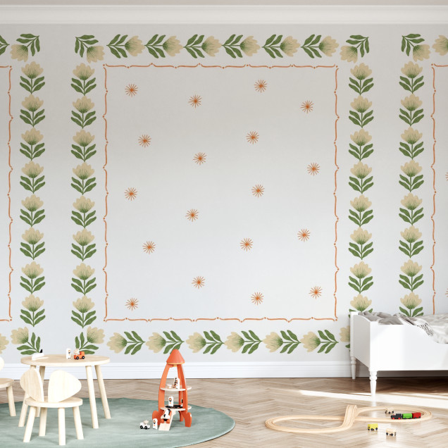 Fototapet cu design floral alb și verde, ideal pentru camera copilului