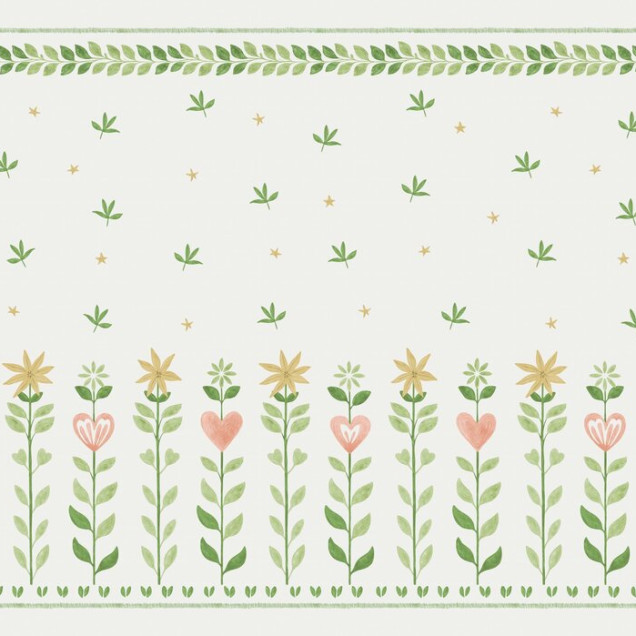 Tapet cu model floral și frunze pe fundal alb, ideal pentru decorarea camerei copiilor
