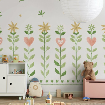 Tapet cu model floral și frunze pe fundal alb, ideal pentru decorarea camerei copiilor