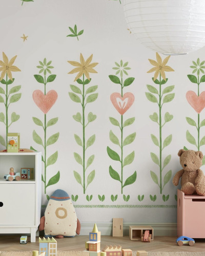 Tapet cu model floral și frunze pe fundal alb, ideal pentru decorarea camerei copiilor