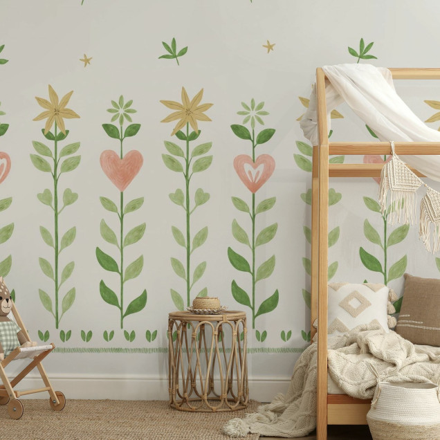 Tapet cu model floral și frunze pe fundal alb, ideal pentru decorarea camerei copiilor