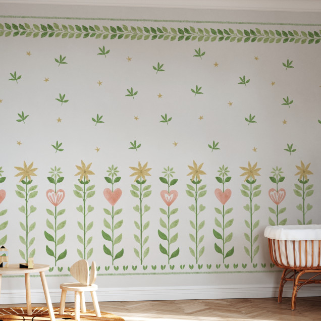 Tapet cu model floral și frunze pe fundal alb, ideal pentru decorarea camerei copiilor