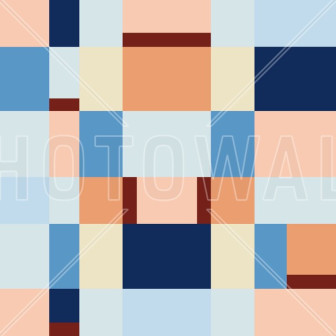 Fototapet cu design geometric în nuanțe de albastru și piersică în camera unui copil.