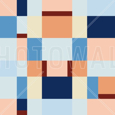 Fototapet cu design geometric în nuanțe de albastru și piersică în camera unui copil.