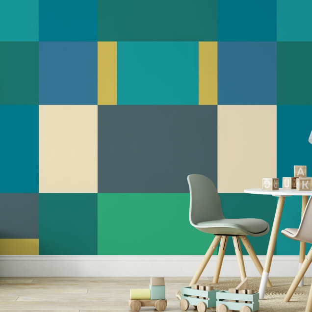 Fototapet cu blocuri verzi și design geometric modern