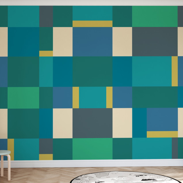 Fototapet cu blocuri verzi și design geometric modern