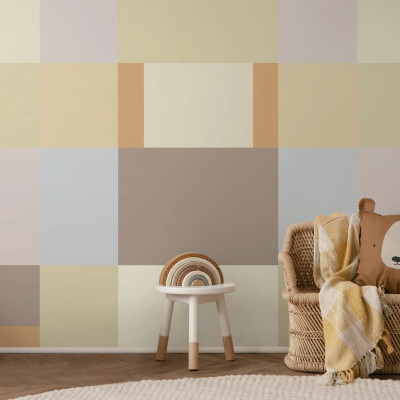 Fototapet bej cu design blocuri geometrice într-o cameră de copii