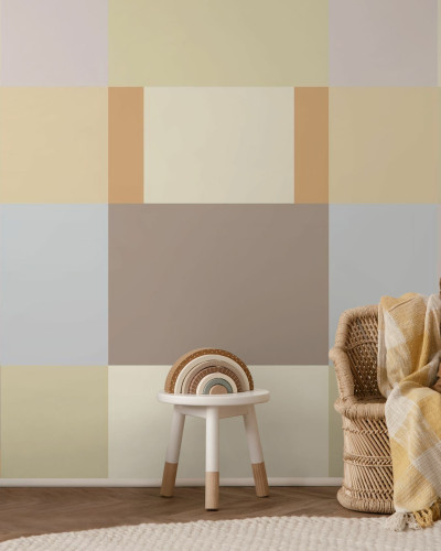 Fototapet bej cu design blocuri geometrice într-o cameră de copii