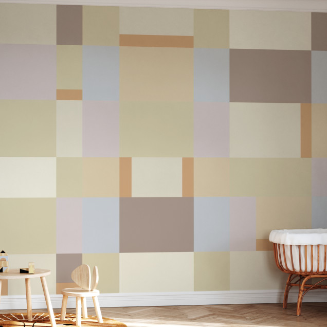 Fototapet bej cu design blocuri geometrice într-o cameră de copii