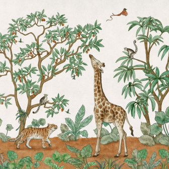 Fototapet cu animale în junglă: girafă, tigru, lemurieni și păsări exotice într-un decor tropical.