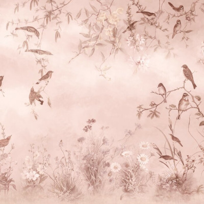 Fototapet cu design floral și păsări, nuanțe de roz