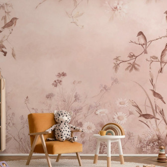 Fototapet cu design floral și păsări, nuanțe de roz