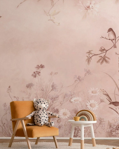 Fototapet cu design floral și păsări, nuanțe de roz