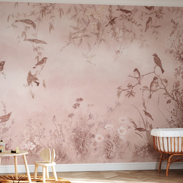 Fototapet cu design floral și păsări, nuanțe de roz
