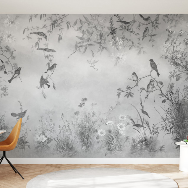 Fototapet floral alb-negru într-un interior elegant