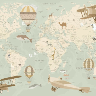Fototapet cu harta lumii în tonuri de verde, cu ilustrații de animale și avioane