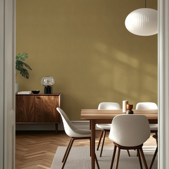 Fototapet galben în living cu mobilier din lemn