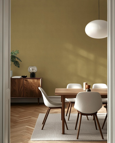 Fototapet galben în living cu mobilier din lemn