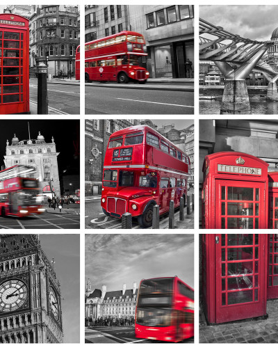 Fototapet cu colaj din Londra, cu autobuze roșii, cabine telefonice roșii și Big Ben
