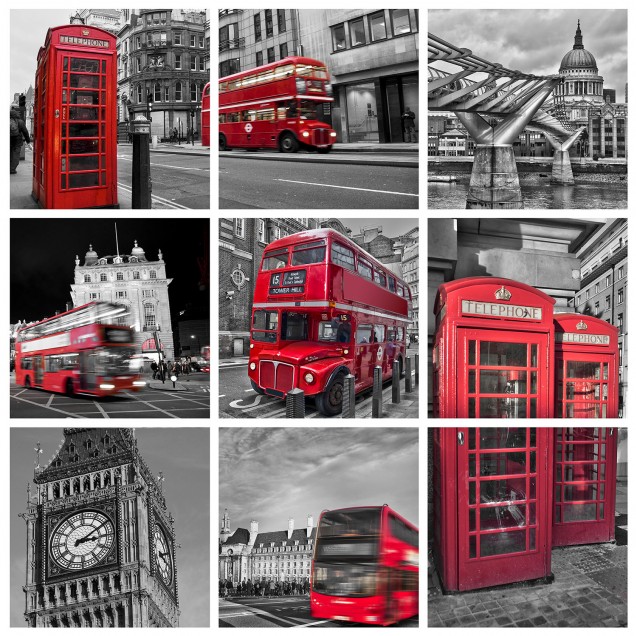 Fototapet cu colaj din Londra, cu autobuze roșii, cabine telefonice roșii și Big Ben