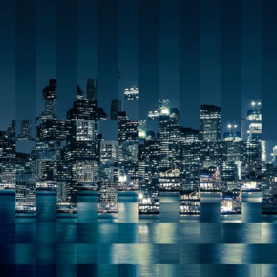 Imagine cu un tapet cu un design modern, abstract, cu o panoramă a New York-ului, de noapte.