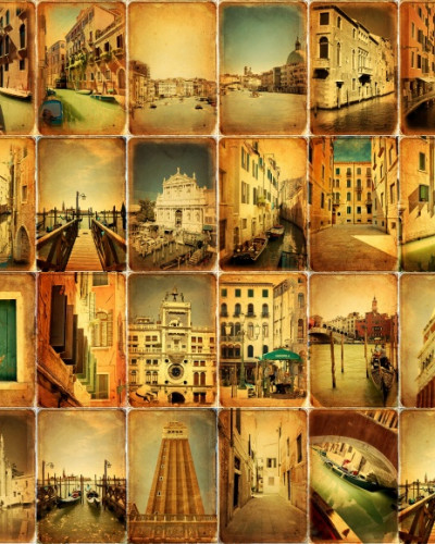 Tapet cu design vintage, Memories of Venice, reprezentând canalele și străduțele pitorești ale Veneției.