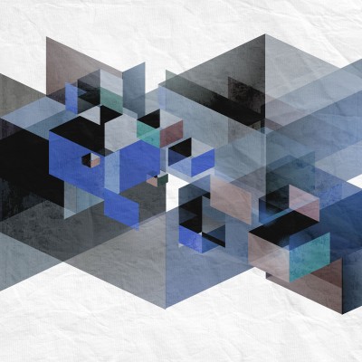 Tapet 3D Fractal, cu design geometric abstract, cu accente de albastru, gri și maro.