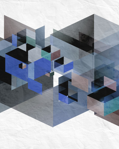 Tapet 3D Fractal, cu design geometric abstract, cu accente de albastru, gri și maro.