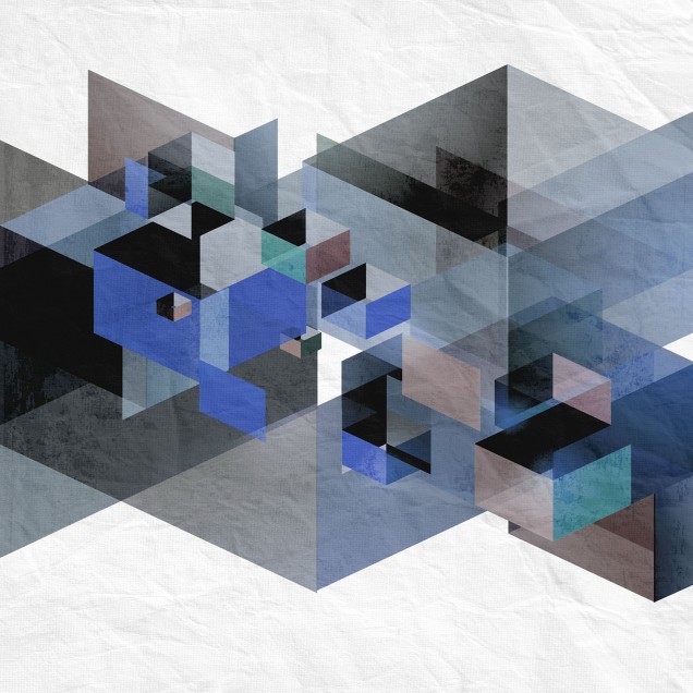 Tapet 3D Fractal, cu design geometric abstract, cu accente de albastru, gri și maro.