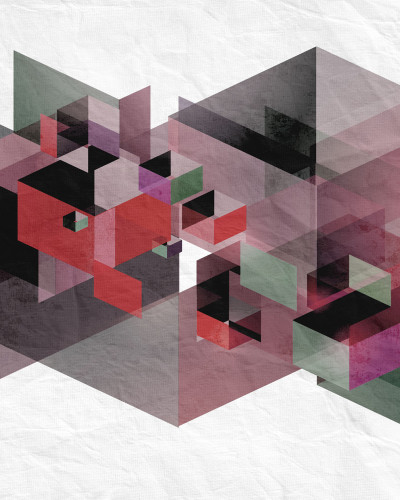 Tapet 3D cu model geometric, cu un accent pe nuantele rosii intense, decorand un dormitor.