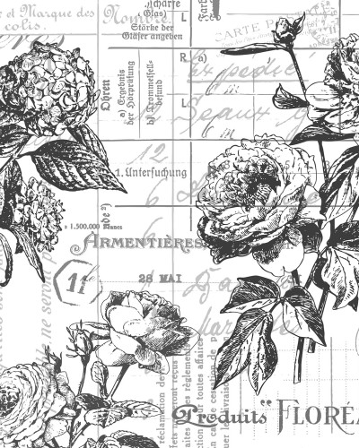 Tapet floral elegant în nuanțe de gri, cu detalii fine și text vintage.