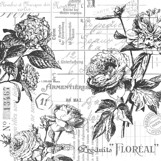 Tapet floral elegant în nuanțe de gri, cu detalii fine și text vintage.