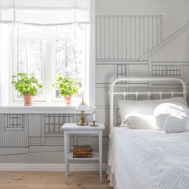 Tapet cu un design minimalist, ce prezintă o casă desenată pe un perete gri.