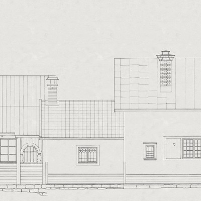 Tapet cu un design minimalist, ce prezintă o casă desenată pe un perete gri.