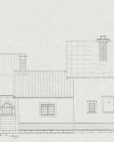 Tapet cu un design minimalist, ce prezintă o casă desenată pe un perete gri.