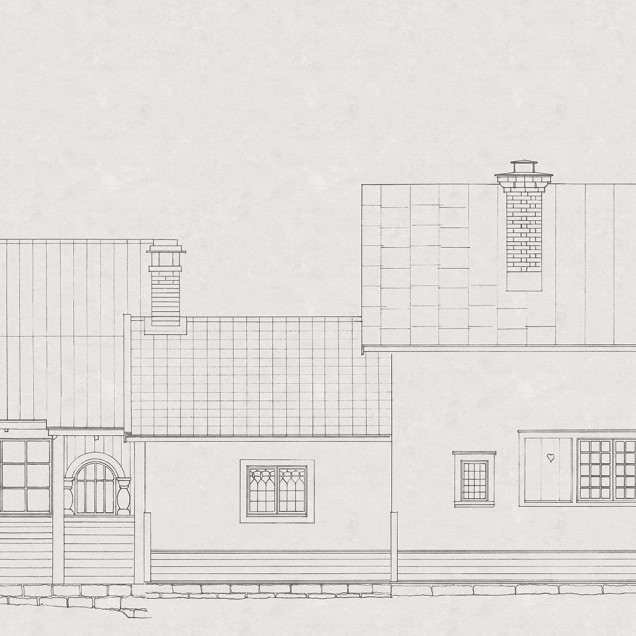 Tapet cu un design minimalist, ce prezintă o casă desenată pe un perete gri.